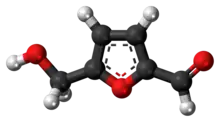 Ball-and-stick model of the hydroxymethylfurfural molecule