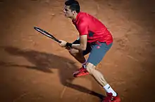 Raonic standing on clay, with his feet wide apart, both hands on his racquet, and looking left. His shadow stretches out sharply to the left.
