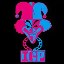 an evil jester wearing a chain pendant bearing the initials of Insane Clown Posse