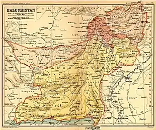 Baluchistan in 1908: the Districts and Agencies of British Baluchistan are shown alongside the States, mostly: Kalat.