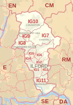 IG postcode area map, showing postcode districts, post towns and neighbouring postcode areas.