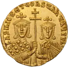 A golden coin showing Constantine with Emperor Basil