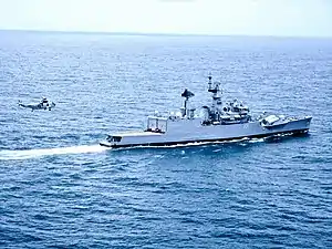 INS Gomati with Seaking helicopter operations.