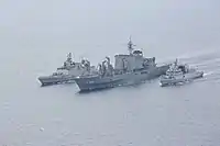 JS Ōmi along with INS Sahyadri and a Kamorta-class corvette during a Malabar exercise.