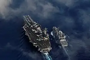 The Nimitz-class aircraft carrier USS Carl Vinson (CVN 70) and the Indian Navy replenishment oiler INS Shakti (A57) conduct a refueling-at-sea exercise