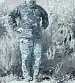 Near-infrared (low light night vision device) comparison of a Navy Working Uniform blouse to MARPAT trousers