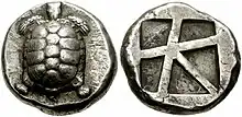 Aegina coin type, incuse skew pattern. Circa 456/445–431 BC.