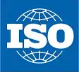 A blue rectangle with a white line drawing of a sphere inside divided longitudinally and latitudinally and emblazoned with the letters "ISO" in white