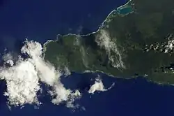 Satellite image of western end of Savai'i with Falelima on the south coast. (NASA photo, 2002)