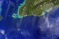 Satellite image of A'ana district, west end of Upolu with tiny Manono & Apolima islands to the west. (NASA photo, 2009).