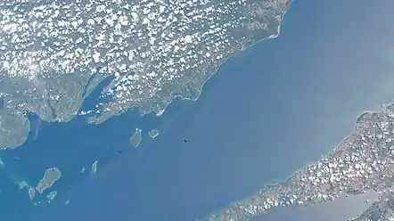 Beaver Islands (left), taken from the International Space Station; image is aligned with southeast at top