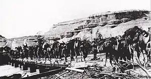 Many fully loaded camels crossing bridge built on square end boats; steep sided mountains in background