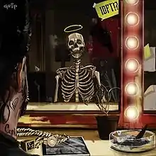 A drawing of a skeleton with an angel's halo staring at its reflection in a vanity mirror with a dead plant, a gold watch, other gold jewelry, a CD case, and a clear ashtray on the counter below.