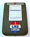 This receipt holder, with "I Like Cotton" sticker, comes from Galanty's, which was in business in Lake Providence, Louisiana, from 1896 to 1996. Many of Galanty's customers were cotton farmers.