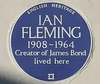 English Heritage plaque, at 22b Ebury Street, Belgravia, London, commemorating Ian Fleming (erected 1996)