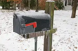 Joroleman curbside mailbox with red semaphore flag. When raised, the flag indicates outgoing mail.