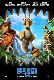 A small rodent clutching an acorn by his foot, is hanging from large sharp teeth which frame the scene. Other prehistoric animals look on from behind him.