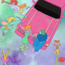 A painting of Ice Spice leaning on the hood of a pink car next to a man resembling Rema sitting on it, with various Cupid-like characters flying around them