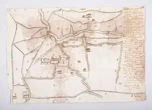 A map of 1792 of the town of Guápulo. The church is seen at the center.