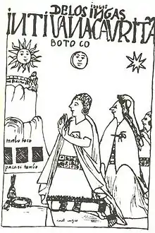 Guaman Poma 1615: "IDOLOS DE LOS INGAS INTI, UANACAURI, TAMBOTOCO" (Idolos de los Incas Inti, Wanakawri, Tampu T'uqu)