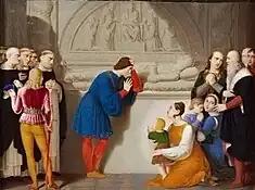 Ludovico weeps at the tomb of his wife Beatrice, Giovanni Battista Gigola, 1815 ca. The friars of S. Maria delle Grazie are present on the left, on the right the two orphans Ercole Massimiliano and Francesco with their respective nurses, as well as Bramante and Leonardo.