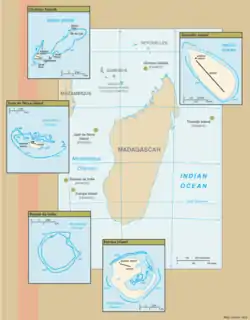 Maps of the Scattered Islands in the Indian Ocean.Anti-clockwise from top right: Tromelin Island, Glorioso Islands, Juan de Nova Island, Bassas da India, and Europa Island. Banc du Geyser is not shown.