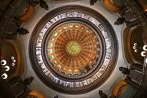 Image 36The dome of the Illinois State Capitol.  Designed by architects Cochrane and Garnsey, the dome's interior features a plaster frieze painted to resemble bronze and illustrating scenes from Illinois history. Stained glass windows, including a stained glass replica of the State Seal, appear in the oculus. Ground was first broken for the new capitol on March 11, 1869, and it was completed twenty years later. Photo credit: Daniel Schwen (from Portal:Illinois/Selected picture)