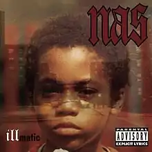 A photo of Nas as a child, superimposed upon a photo of a city block.