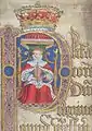 An illuminated initial membrane, with portrait of Elizabeth I, Court of King's Bench: Coram Rege Roll (Easter Term, 1584)