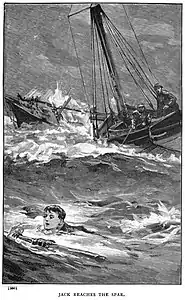 Jack swims towards the spar to pass a rope to the foundering ship