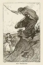 Black and white image of a gypsy woman cursing a man