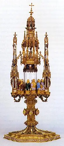 Belém Monstrance; gold and enamel monstrance made in 1506 by Gil Vicente, and offered by king Dom Manuel I of Portugal to the Jerónimos Monastery. Nowadays in the National Museum of Ancient Art, Portugal.