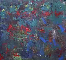 Impressionist painting consisting primarily of turquoise and dark brown with intermittent marks of red and bleu