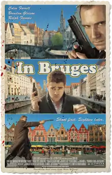Poster in the style of a picture postcard. There are three panels, each with a different character and a different picture of Bruge