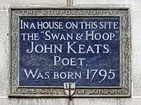 Corporation of London plaque on the site of John Keats' birthplace