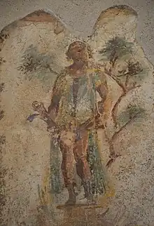 Wall painting of Priapus with two phalluses in the Lupanar