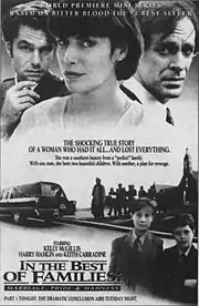 The upper-half of the poster shows the headshots of the three lead actors: (from left to right) Harry Hamlin, Kelly McGillis, and Keith Carradine. The bottom-half shows a funeral procession leaving a church.