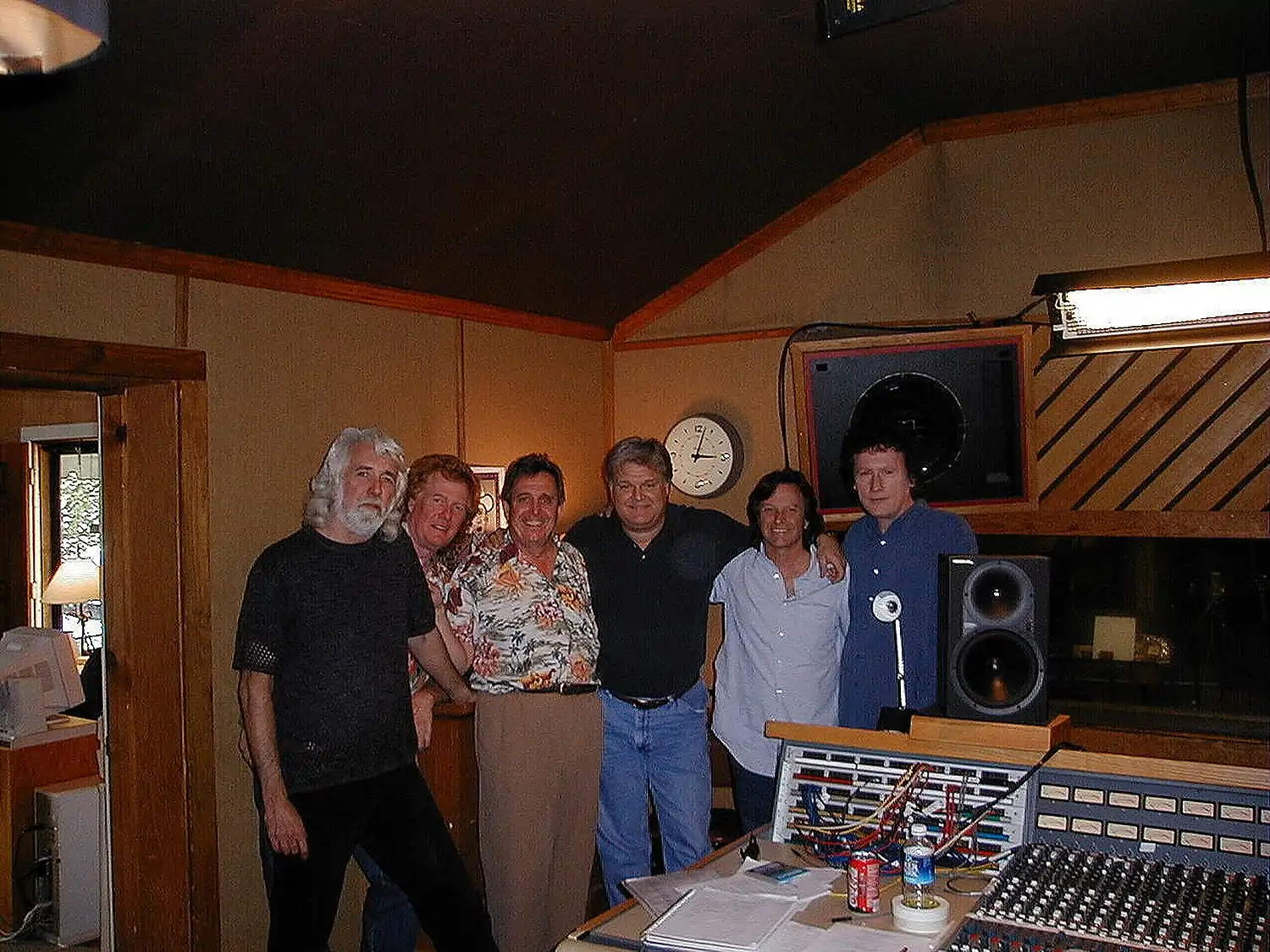 In the studio from left to right.John Mceuen Tim Cooney Rodney Dillard Ricky Scaggs Jeff Hanna and Randy Scruggs.jpg