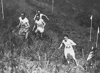 Image 33Individual cross country race at the 1924 Summer Olympics in Paris. The left trio is Edvin Wide, Ville Ritola and Paavo Nurmi. Due to the hot weather (over 40 °C (104 °F)) only 15 out of 38 competitors (elite long-distance runners) finished the race. (from Cross country running)
