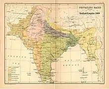 The map of the prevailing "races" of India (now discredited) based on the 1901 Census of British India. The Kurmi are shown both in the United Provinces (UP) and the Central Provinces.