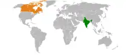 Map indicating locations of India and Canada
