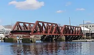 Former trusses of the former India Point Rail Bridge. The remaining trusses were removed in Spring 2023