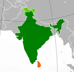 Map indicating locations of India and Sri Lanka