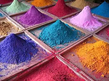 Image 10PigmentPhoto credit: Dan BradyPigments for sale at a market stall in Goa, India. Many pigments used in manufacturing and the visual arts are dry colourants, ground into a fine powder. This powder is then added to a vehicle or matrix, a relatively neutral or colorless material that acts as a binder, before it is applied. Unlike a dye, a pigment generally is insoluble.More selected pictures