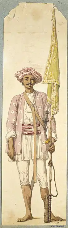 A Mysorean soldier using his Mysorean rocket as a flagstaff (Robert Home, 1793/4).