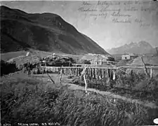 Indian village showing native method of drying salmon, c. 1888.