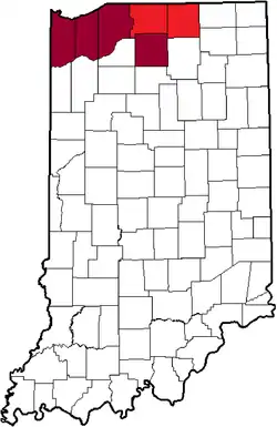 The Northern Indiana Conference in Indiana. Current Areas are in red, Former Areas are in Maroon