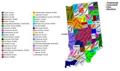 Map of the 41 core-based statistical areas in Indiana.