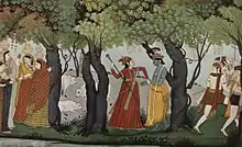 Râdhâ arrests Krishna, Pahari painting style, 1770.