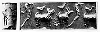 A rare Indus Valley civilization cylinder seal  composed of two animals with a tree or bush in front. Such cylinder seals are indicative of contacts with Mesopotamia.